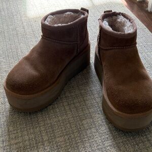 UGG Brown Suede Platform Ankle Booties with Shearling